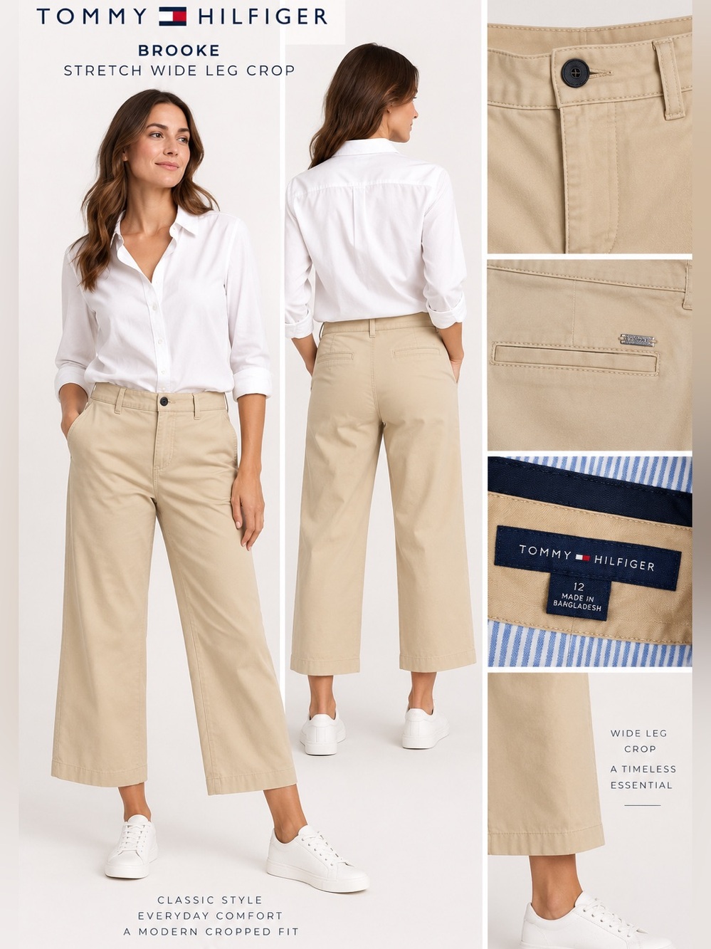 Tommy Hilfiger Brooke Stretch Wide-Leg Crop Pants — Cream/Khaki — Size 12